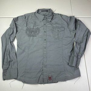 Monarchy Mens Size XL Embroidered Biker Moto Button Up Gray‎ Shirt Long Sleeve